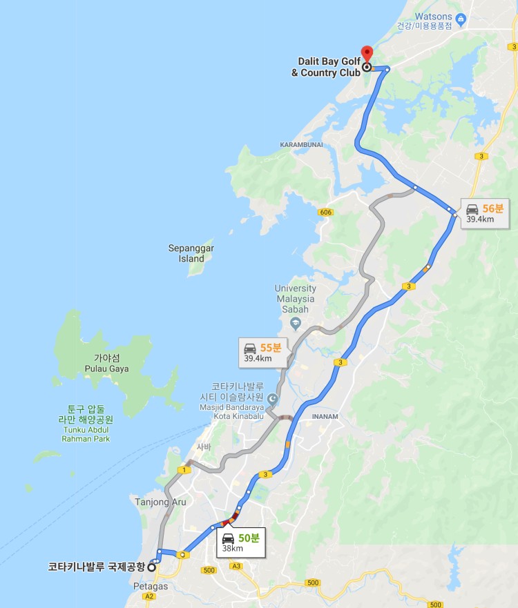 코타키나발루 공항에서 달릿베이 GC(Dalit Bay Golf & Country Club) 이동 거리