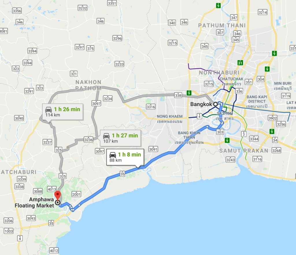 태국 방콕에서 암파와 수상 시장(Amphawa Floating Market) 거리 구글지도