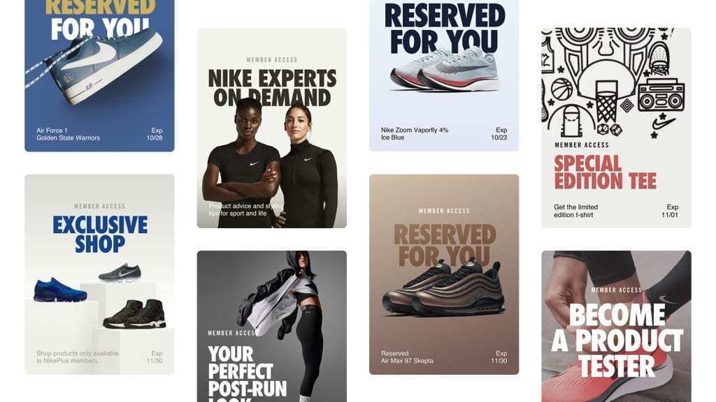 나이키 플러스 (Nike+) 멤버쉽에게 제공되는 다양한 혜택을 나열한 카드, Image from Nike