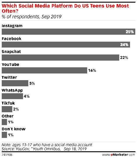 미국의 소셜 미디어 사용율, 2019년 9월 기준
