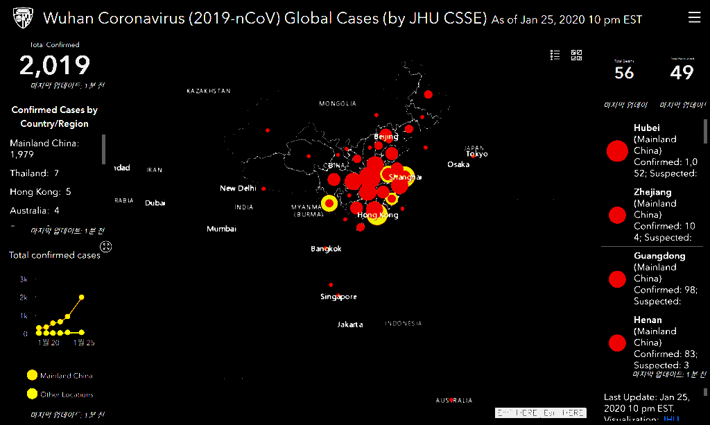 우한 코로나 폐렴 확산 지도, By the Johns Hopkins Center for Systems Science and Engineering (CSSE)02