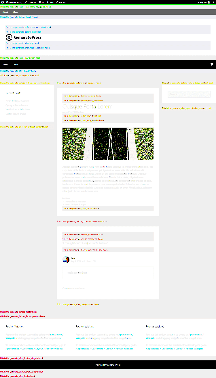 GeneratePress  싱글 포스트의 커스텀 혹 위치 및 혹 이름, hooks single post