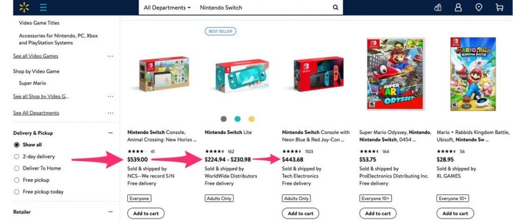 닌텐도 스위치 수요 급증으로 월마트 써드 파티 판매자들은 정가보다 훨씬 비싼 가격에 판매하고 있다, Image from Business Insider