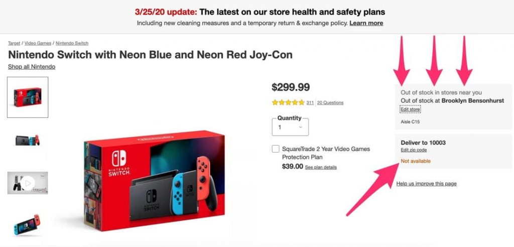 닌텐도 스위치 수요 급증으로 주요 쇼핑몰에서 솔드 아웃되다. The original Switch consoles are sold out in Targetm, Image from Business Insider