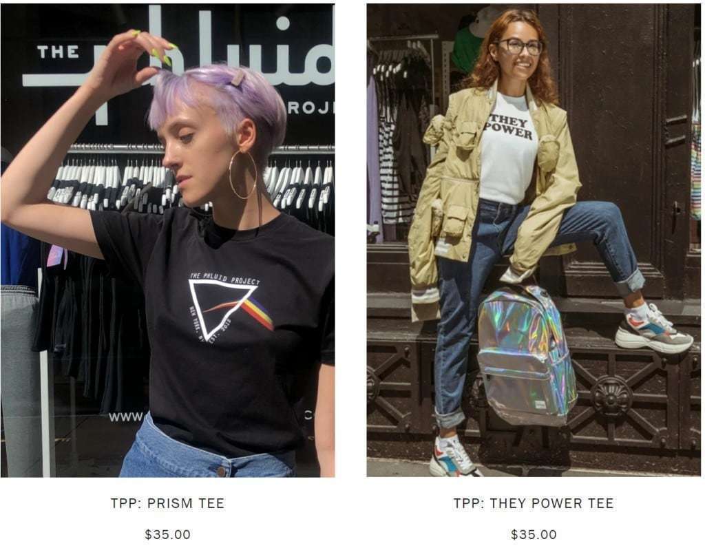 성별 없는 의류 전문 판매하는 뉴욕시 상점인 Phluid Project 온라인 페이지 중 일부