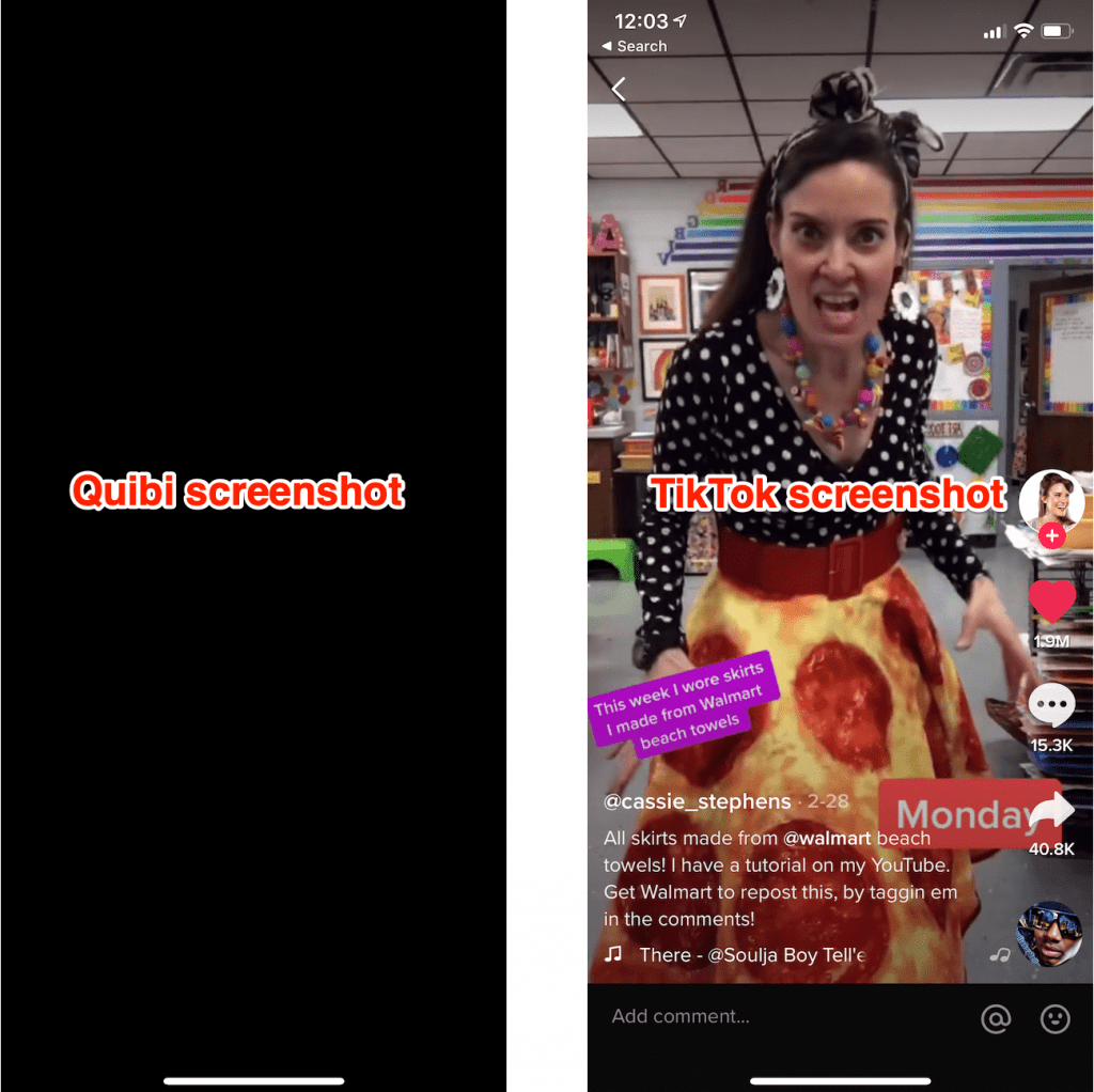 테크 크런치가 비교한 퀴비와 틱톡의 스크린 샷 비교, Quibi vs TikTok screenshot