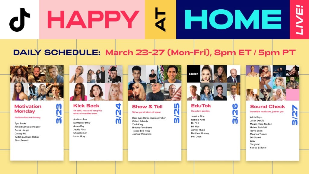 틱톡 유면 인사들이 출연한 공연, 강연 등을 실시간으로 중계하는 #HappyAt 소개 이미지, Image from TicTok