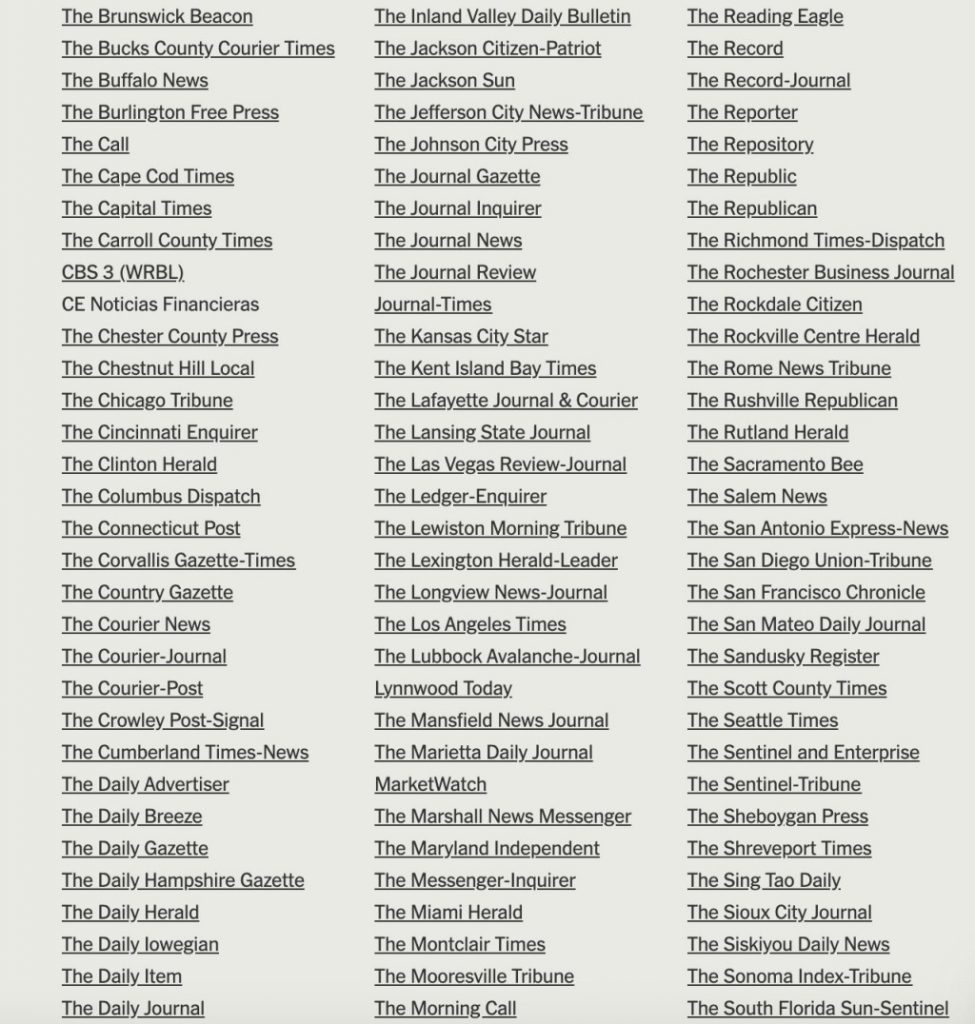 뉴욕타임즈 1면을 가득채운 1천명의 코로 팬데믹 사망자 명단 기사에 참조한 언론들, Image from NYT