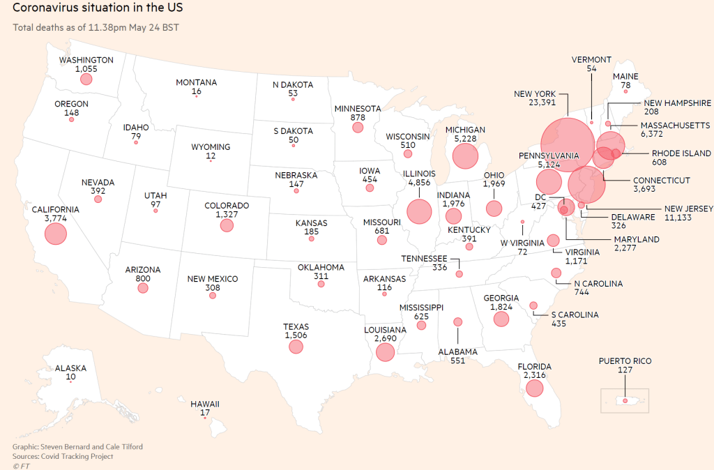 미국 코로나19 사망자 현황 맵 그래픽, 2020년 5월 24일, 파이낸셜타임즈 그래픽