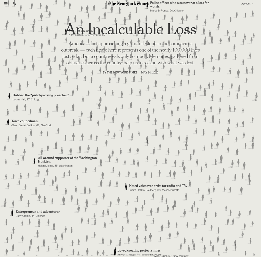뉴욕타임즈 1면을 가득채운 1천명의 코로 팬데믹 사망자 명단을 기반으로 만든 인터낵티브 온라인 기사 캡춰, Image from NYT