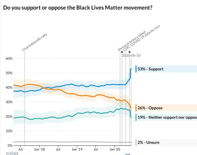 흑인 인권운동 Black Lives Matter 초기엔 반대가 더 많았다. 찬성률 추이를 그려보다