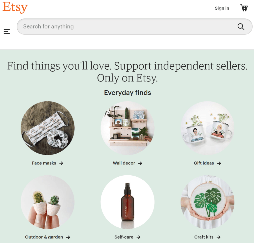 코로나 이후 팬데믹 수혜기업 전망, 수요 감소 속 대응책 마련에 부심 40 수제품(handmade) 전문 이커머스 업체 엣시(Etsy) 메인 페이지