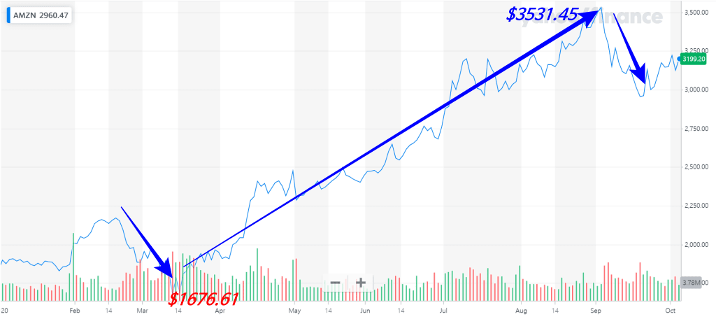 아마존 주가 추이(2020년 1월 ~ 10월) 설명 추가