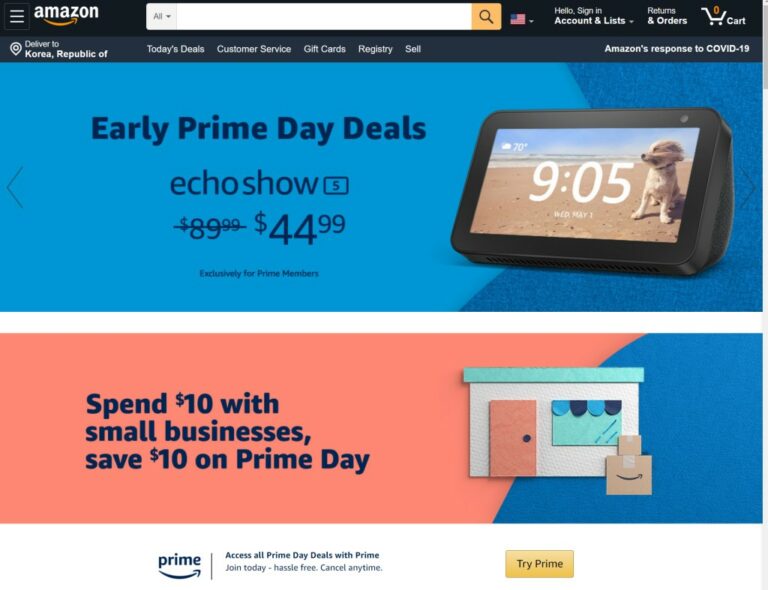 아마존 프라임 데이 2020 메인 페이지, 아마존 전략 제품인 에코 쇼를 반값에 판매한다고 광고, Amazon Prime Day main page02