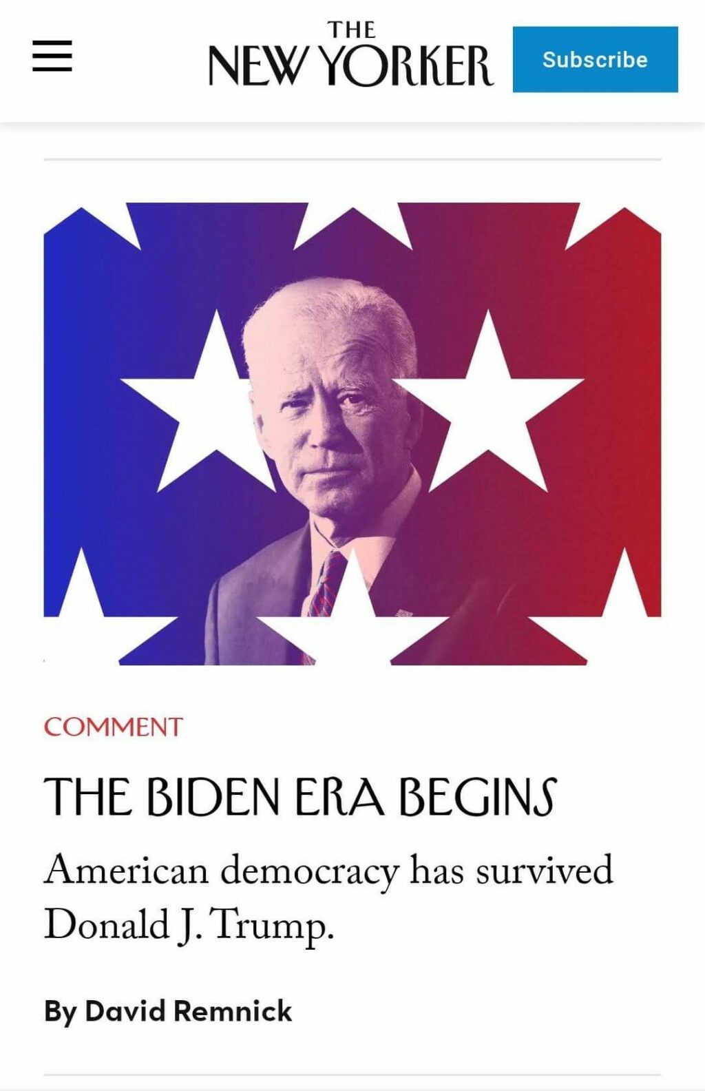 46대 대통령으로 바이든 당선을 알리는 뉴요커 메인