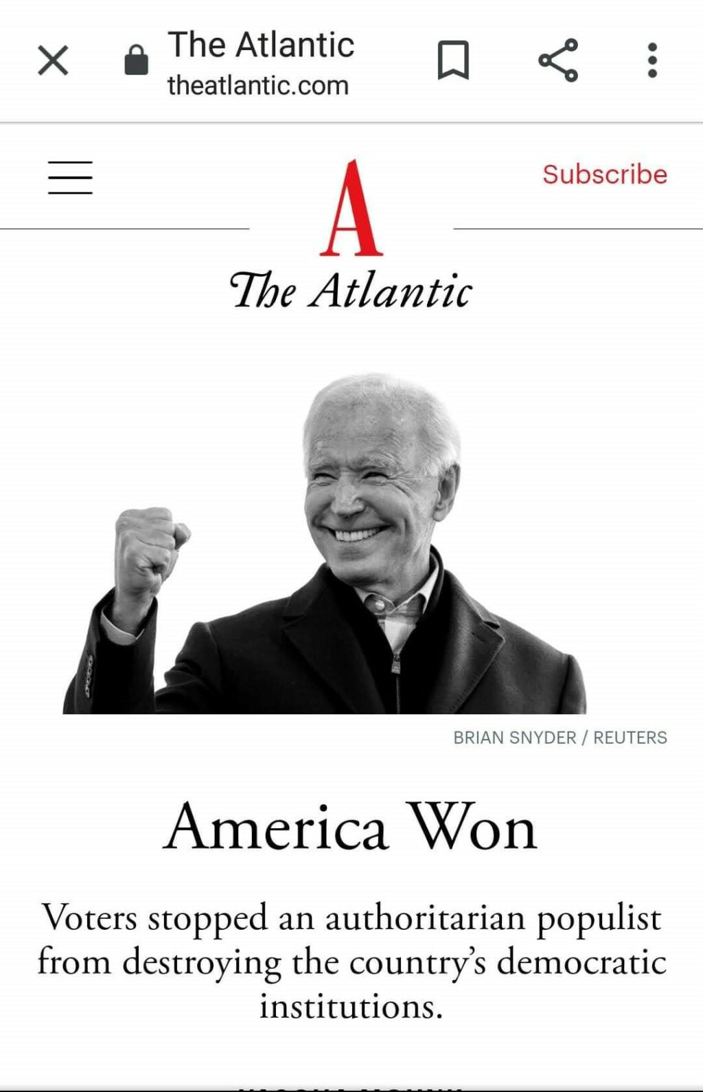 46대 대통령으로 바이든 당선을 알리는 아틀랜틱(Atlantic) 메인