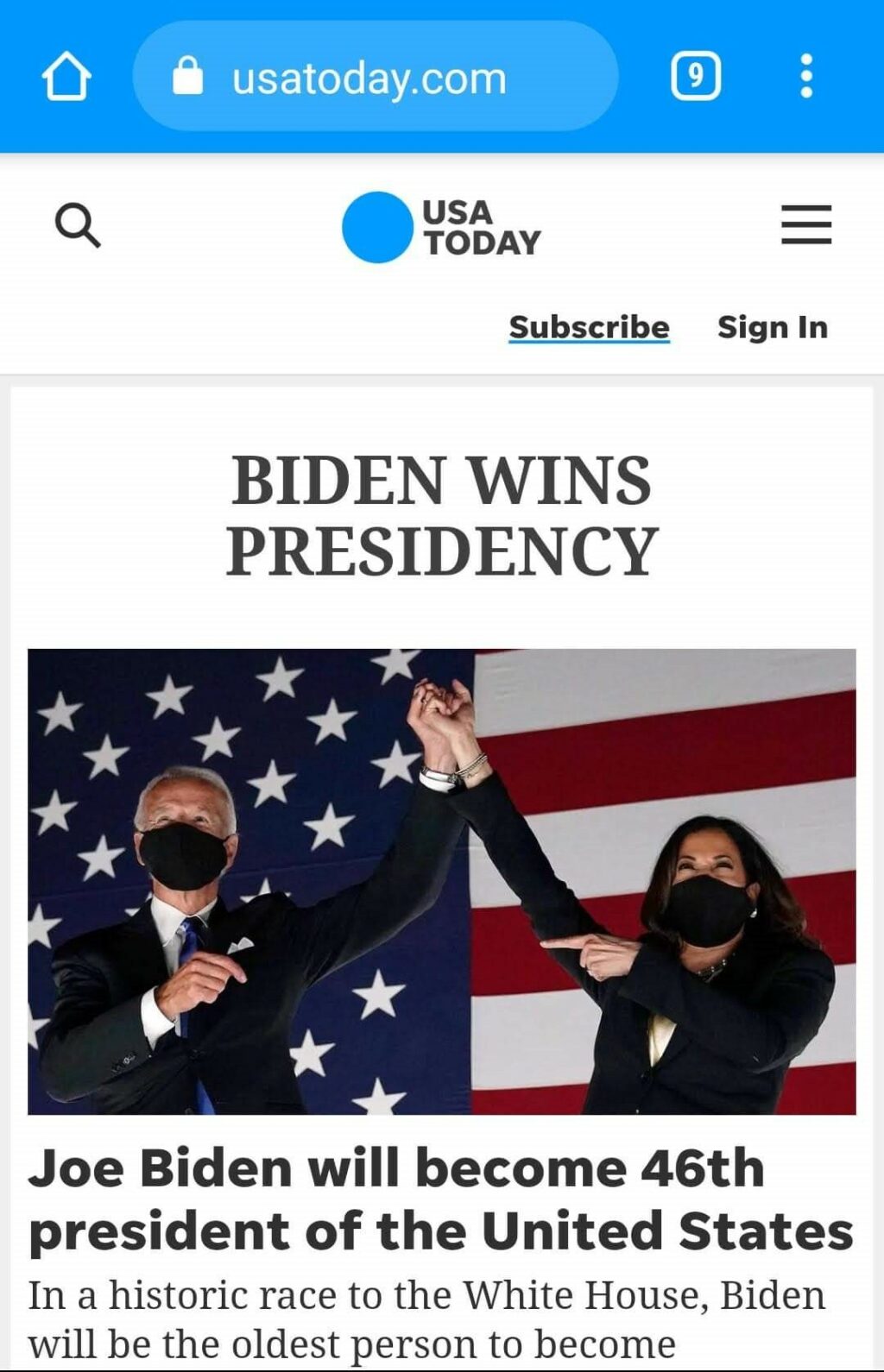 46대 대통령으로 바이든 당선을 알리는 유에스투데이 메인