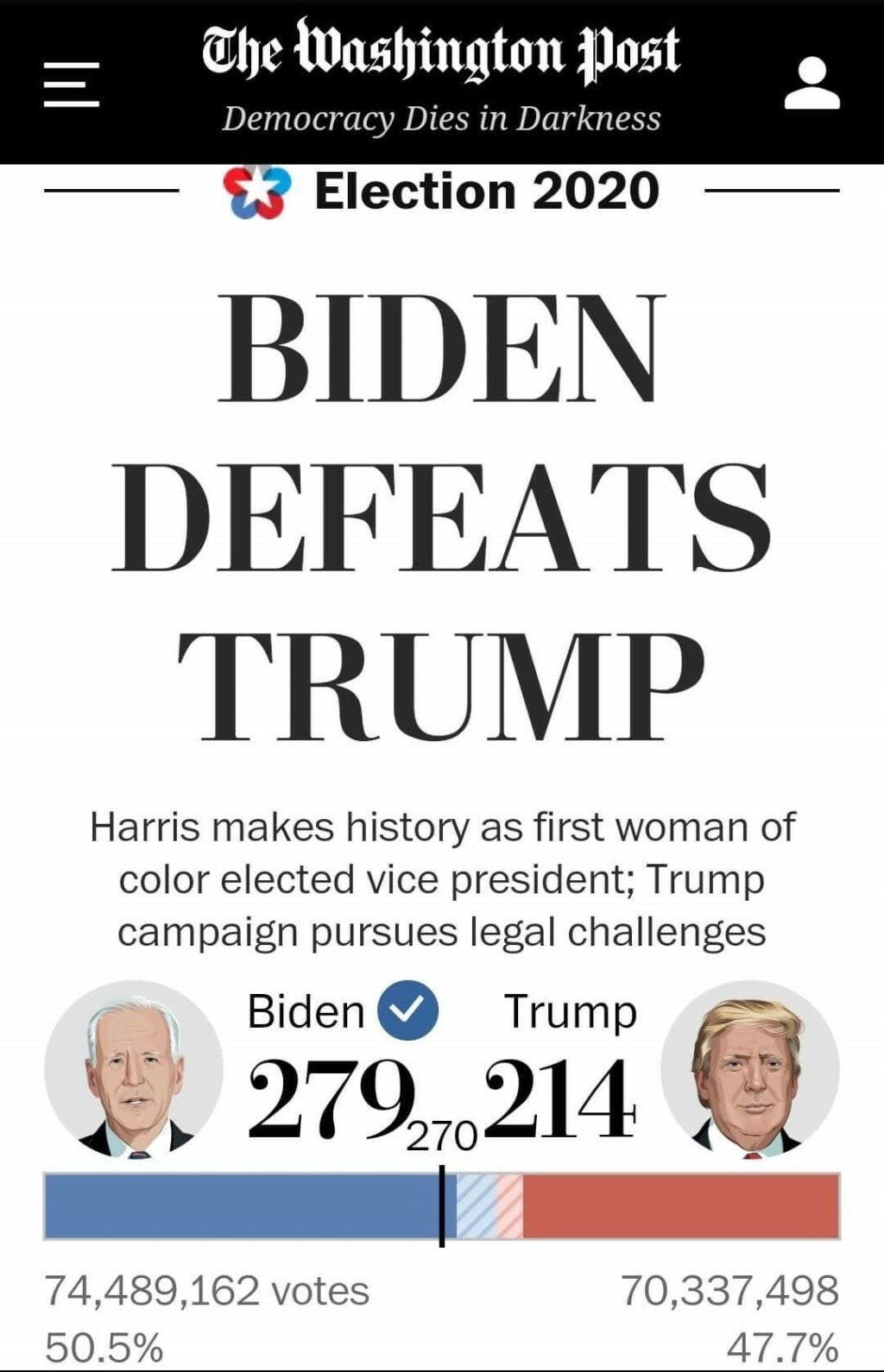 46대 대통령으로 바이든 당선을 알리는워싱터포스트  메인