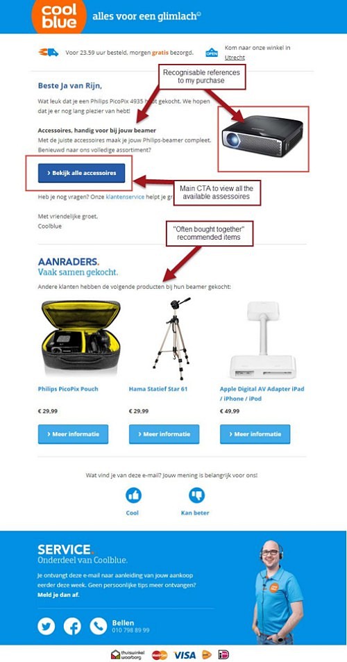 네덜란드 전자상거래 회사 Coolblue는 이메일을 통해 교차판매의 올바른 방법을 보여 준다, Image from Coolblue email