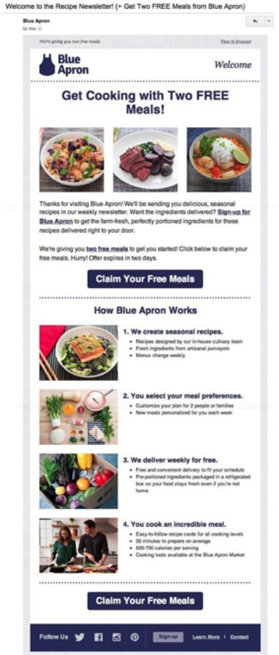 블루 에프런 웰컴 이메일에서 맛있는 레시피를 제안하고 있다, Image from Blue Apron email