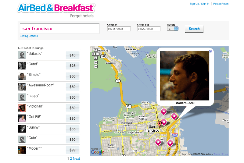 에어비앤비 사이트 초기 모습,  지도를 통해서 숙소를 검색하는 모습