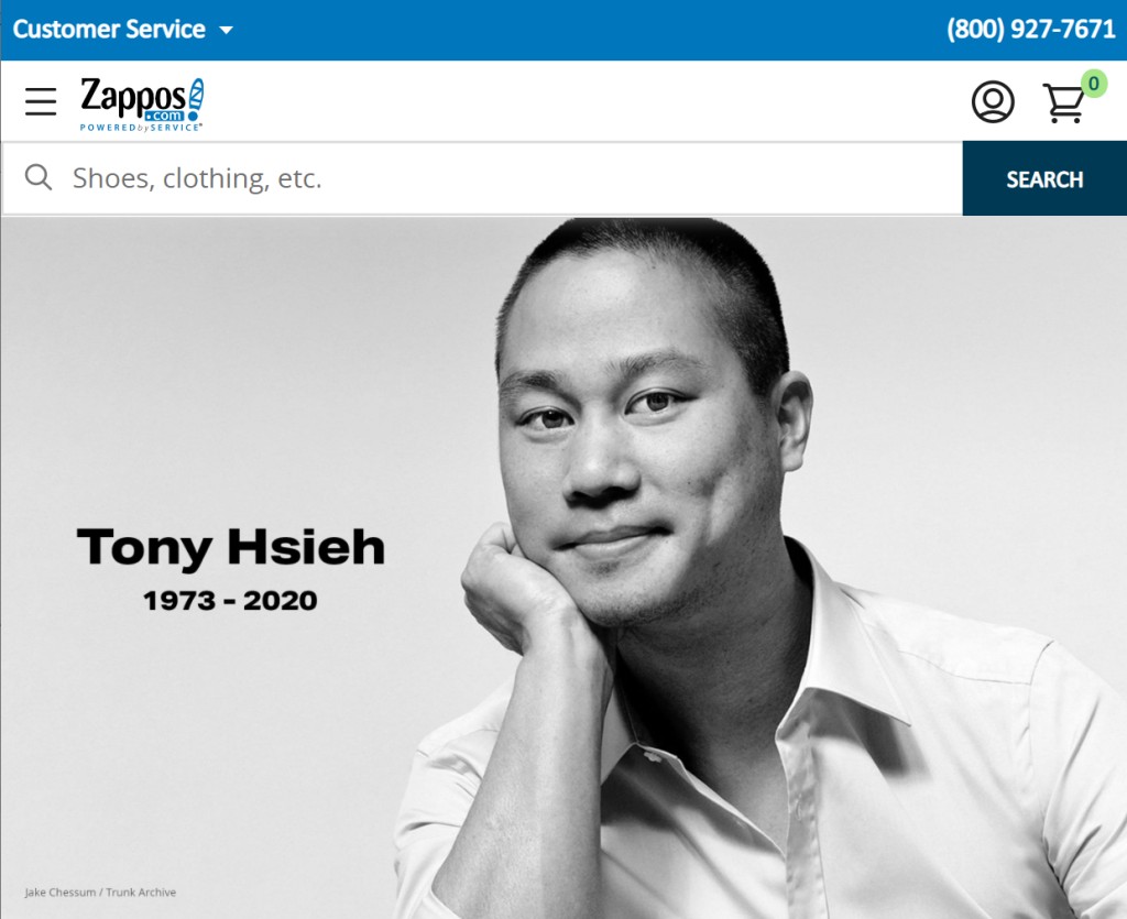 자포스 창업자 토니 셰이 사망을 알리는 자포스 메인 페이지, Tony Hsieh in Zappos main page