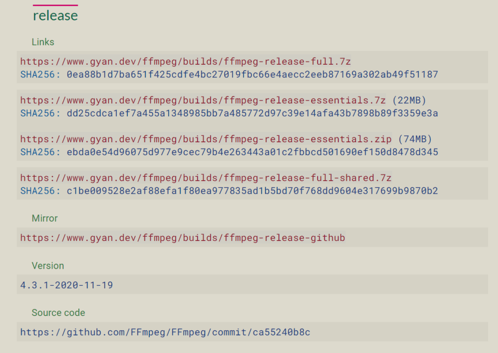 동영상 변환 프로그램, ffmpeg 윈도우 버전 다운로드 사이트 gyan.dev의 release 게시물 리스트