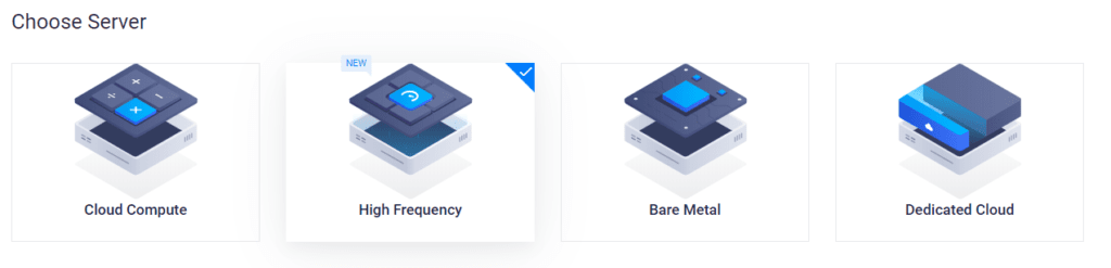 면서버 설치, 가상서버호스팅 vultr 서버 종류 선택 장면, Cloud Compute, High Frequency, Bere Metal, Dedicated Cloud의 4가지 종류를 선택 가능