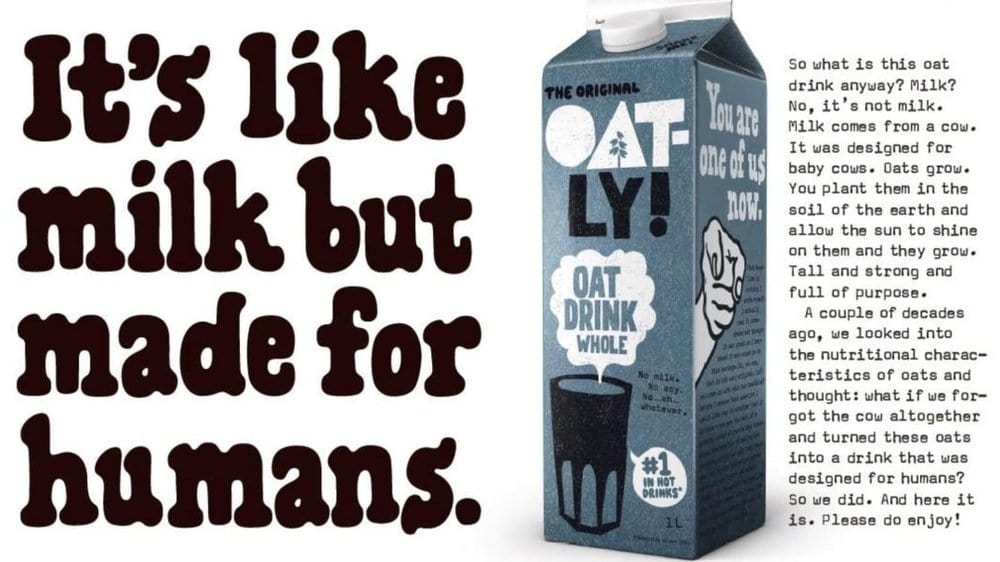 오틀리 브랜드 전략, 오틀리 광고 직접적인 메세, live kindly oatly milk advertisement, Image fron Oatly