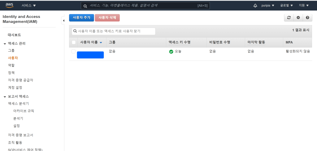 아마존 이메일 서비스, IAM 보드 - 사용자 정보 페이지