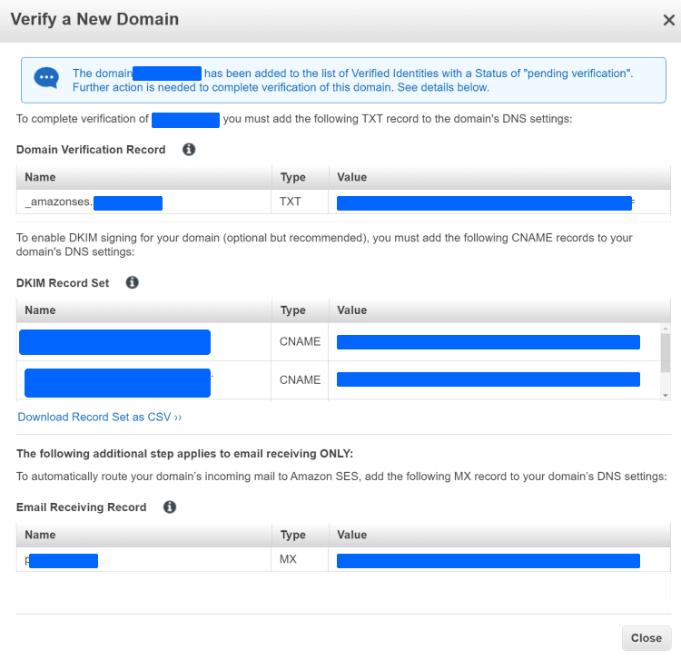 아마존 이메일 서비스, 도메인 등록 및 검증에 필요한 DNS 정보를 보여 주기