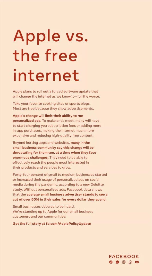 페이스북 애플 프라이버시 정책 비난 광고, Apple vs. the free internet, Facebook newspaper ad Apple privacy