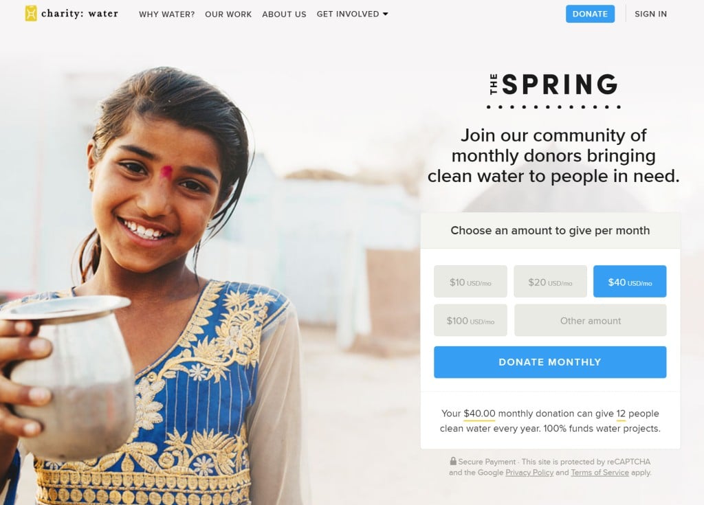 2015년 출시한 구독 기반 기부 상품인 The SPRING 소개 페이지