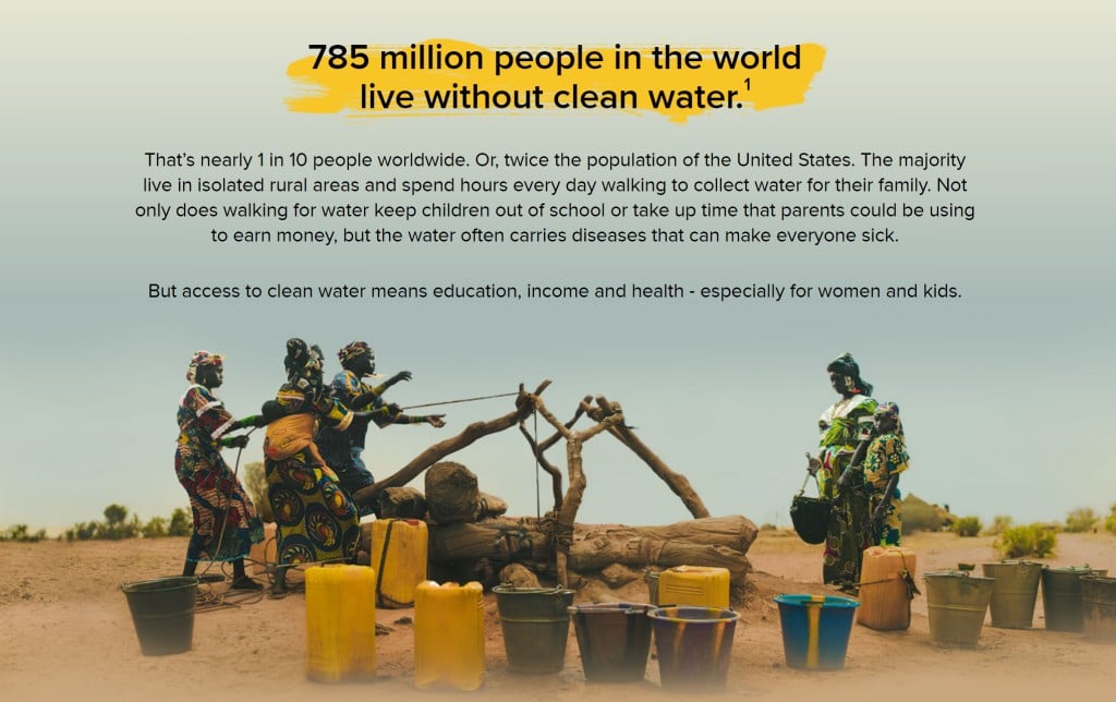 Charity Water 사이트 중 소개 페이지예