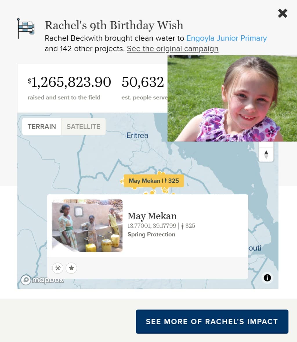 Charity Water 생일 캠페인 Rachel Beckwith 9살 생일 캠페인 모금액