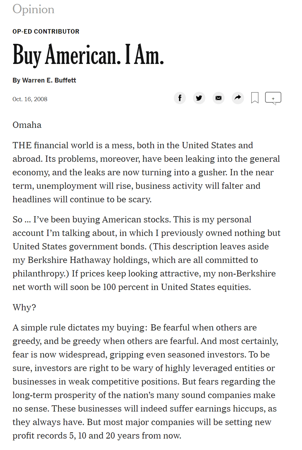 주식 투자 거장의 전략을 읽어보자, 2021년 워런 버핏 주주서한 번역 32 워런 버팟 2008년 뉴욕타임즈 기고문, buy american I Am