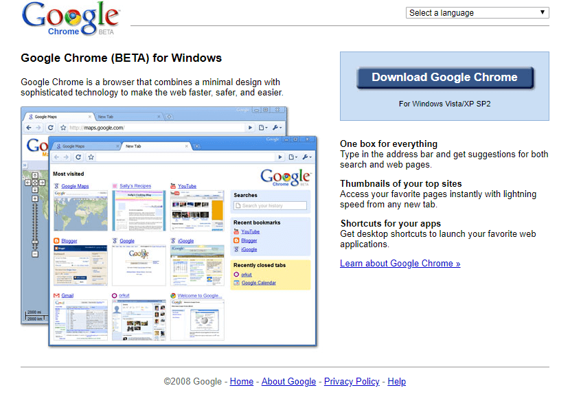 스타트업 프로덕트 매니지먼트 강의, 2부 위대한 제품 관리자 사례와 제품 관리자 자질 15 2008년 구글 크롬 베타버젼, google chrome website 2008