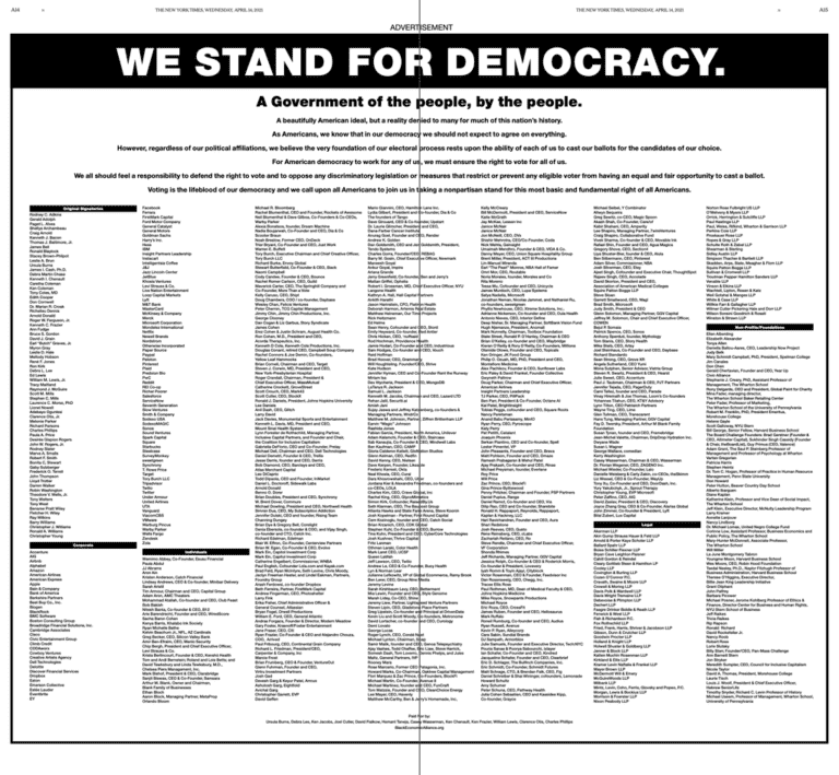미 공화당의 부재자 투표 시 제한 조항 추가에 반대한 기업들의 반대 성명을 뉴욕타임지와 워싱터 포슽에 게재.We Stand for Democracy, 2021 Democracy ad 1024x887
