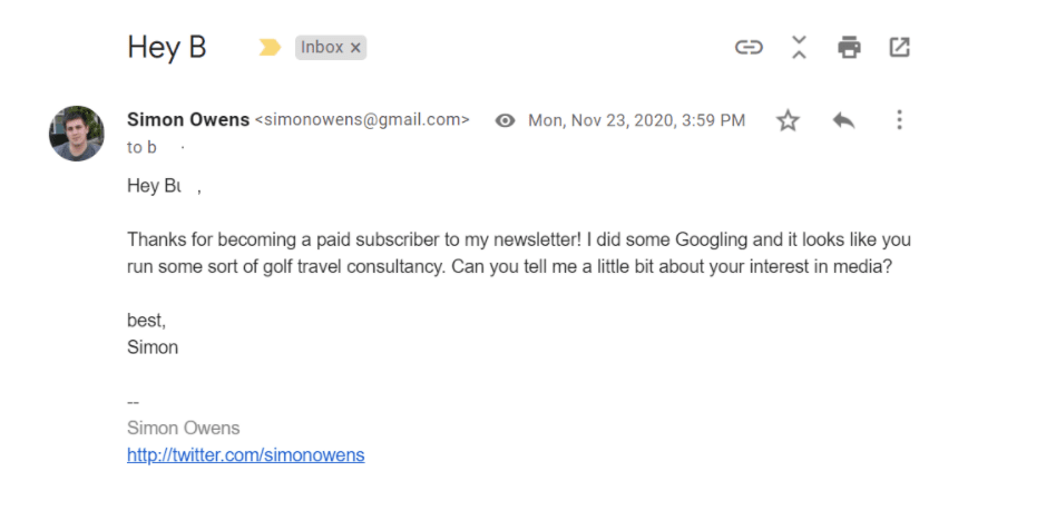 사이먼 오웬 뉴스레터, 유료 가입자 발생 시 개인 이메일 보내기