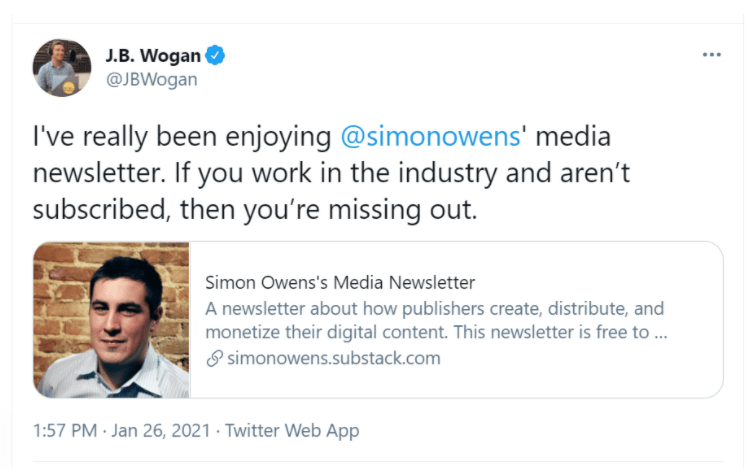 인플러언서의 사이먼 오웬 뉴스레터 공유 사례