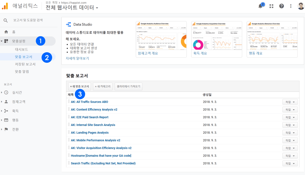 구글 애널리틱스 맞춤 보고서 만드기