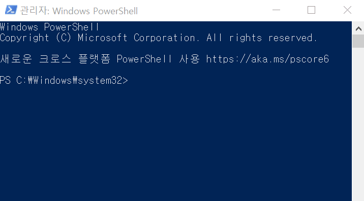 윈도우 파워쉘(Windows PowerShell)을 관리자 모드로 실행 시킨 모습