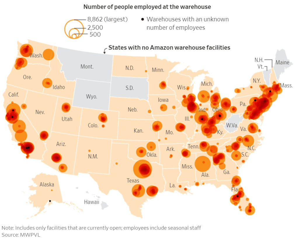 제프 베조스가 세운 아마존 제국을 설명하는 7개 차트 41 미국 주별 아마존 시설 및 고용 규모, Graph by Wall Street Journal