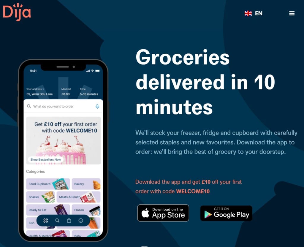뒤쳐진 유럽에서 부는 퀵커머스 열풍, 10분 배송을 향한한 유럽 퀵커머스 스타트업들 11 영국 퀵커머스 Dija, 홈페이지 메인