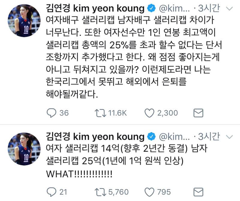 김연경선수의 한국 여자배구 샐러리캡과 남자배구 샐러리캡 차이가 너무 심하다면 비판한트위터 캡춰