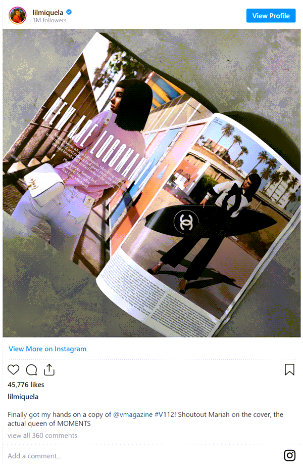 버추얼 인플러언서 릴 미켈라(lilmiquela), V매거진에 소개된 모습, 인스타그램 캡춰