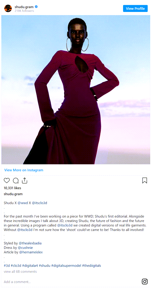 버추얼 인플러언서슈두 그램(shudu.gram), 최초의 디지탈 슈퍼모델로 소개, 인스타그램 캡춰