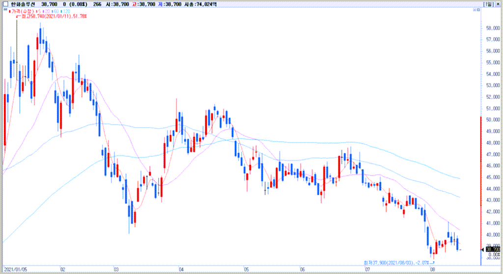 한화솔류션 주가 추이, 2021년 160일간 한화솔류션 주가 추이, Chart from Samsung Securites