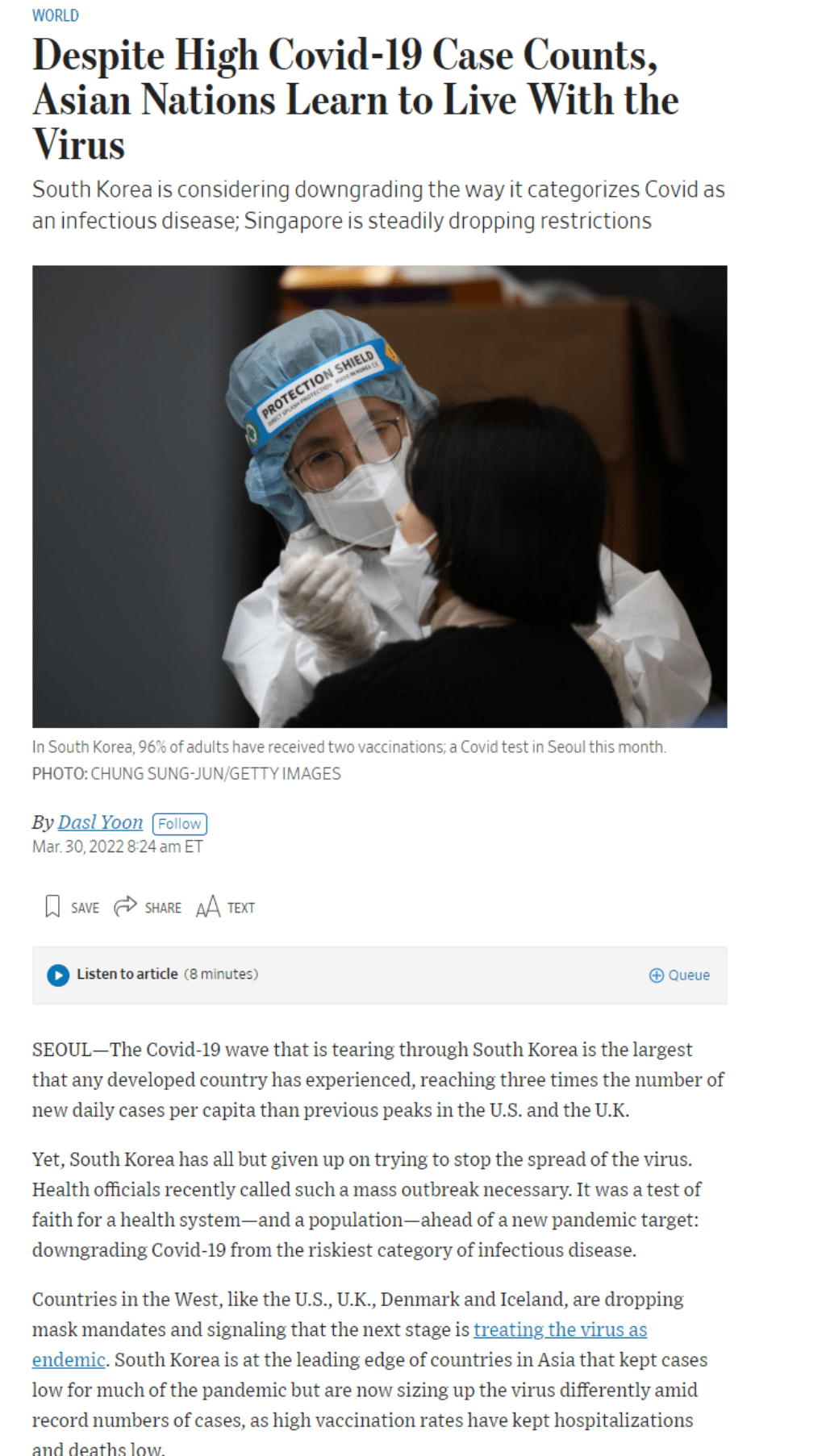 한국이 최초의 엔데믹 국가가 될 가능성을 보도한 뉴욕타임스 기사