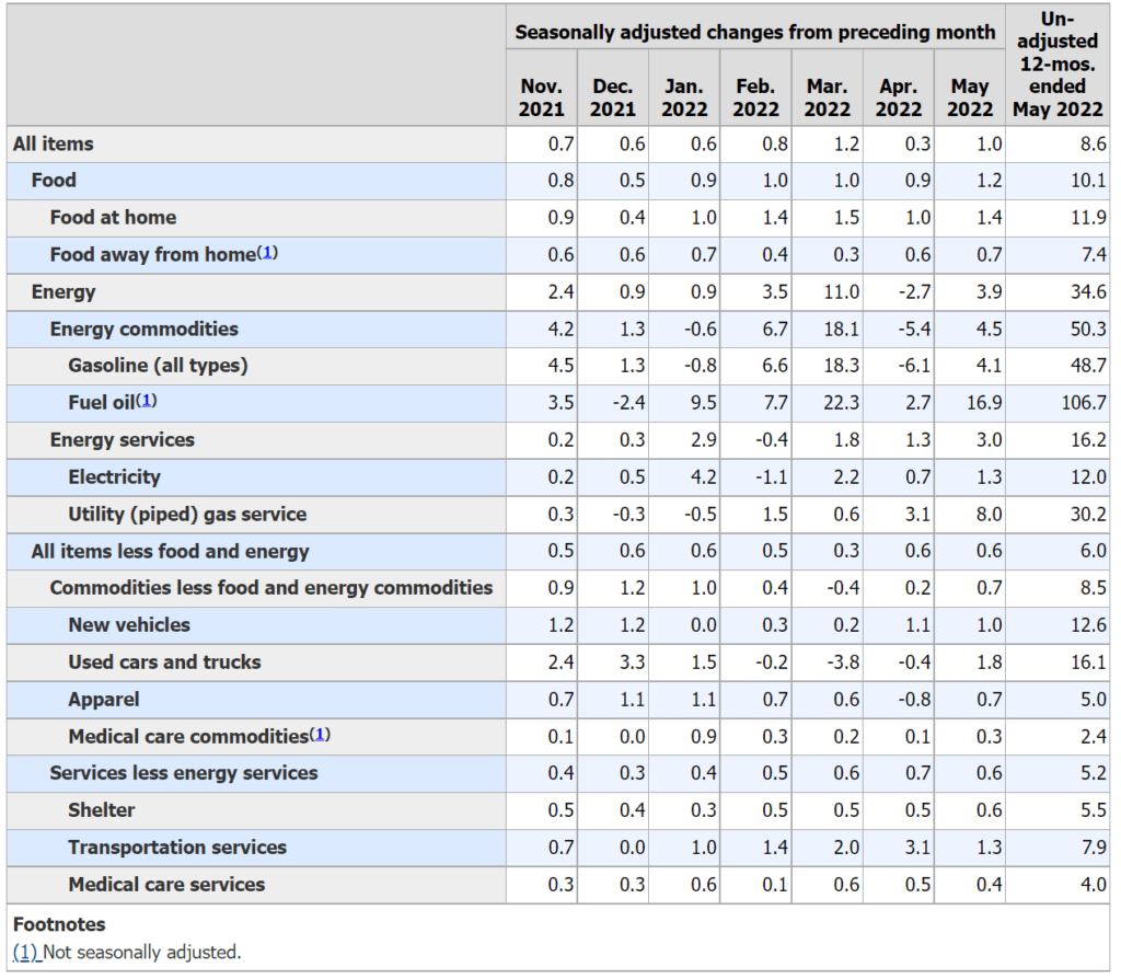 5월 CPI 8.6% 상승, 예상을 넘는 인플레이션은 공포를 자아내다. 1